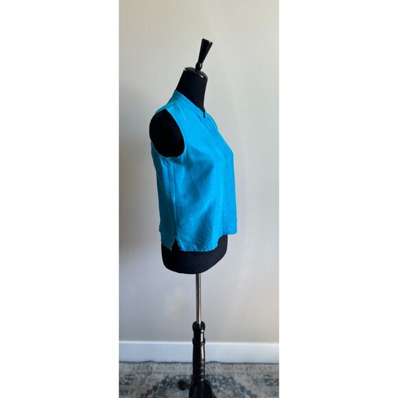 Eileen Fisher Women's Turquoise Silk Sleeveless Petit Bishop Collar Top Size PM - Picture 3 of 8